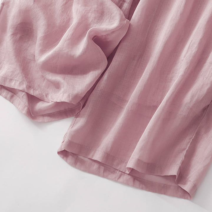 Buddha Stones夏用刺繍入りダブルレイヤーコットンリネンレディースワイドレッグパンツ（ポケット付き） - image 14