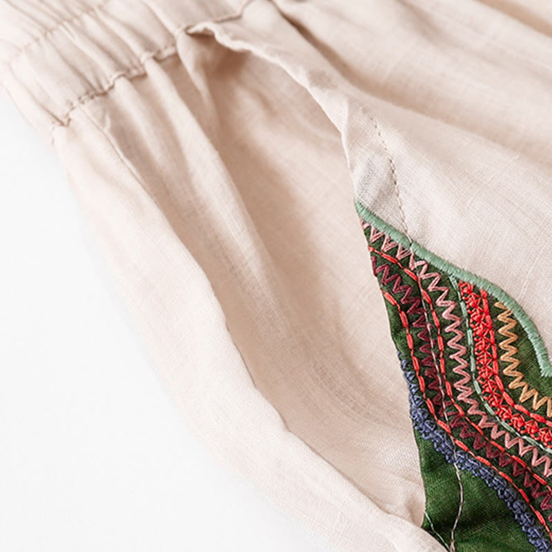 Buddha Stones夏用刺繍入りダブルレイヤーコットンリネンレディースワイドレッグパンツ（ポケット付き） - image 19