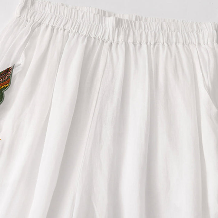 Buddha Stones夏用刺繍入りダブルレイヤーコットンリネンレディースワイドレッグパンツ（ポケット付き） - image 25