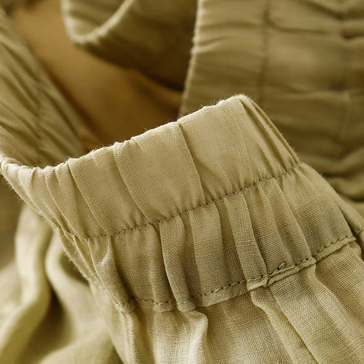 Buddha Stones夏用刺繍入りダブルレイヤーコットンリネンレディースワイドレッグパンツ（ポケット付き） - image 3