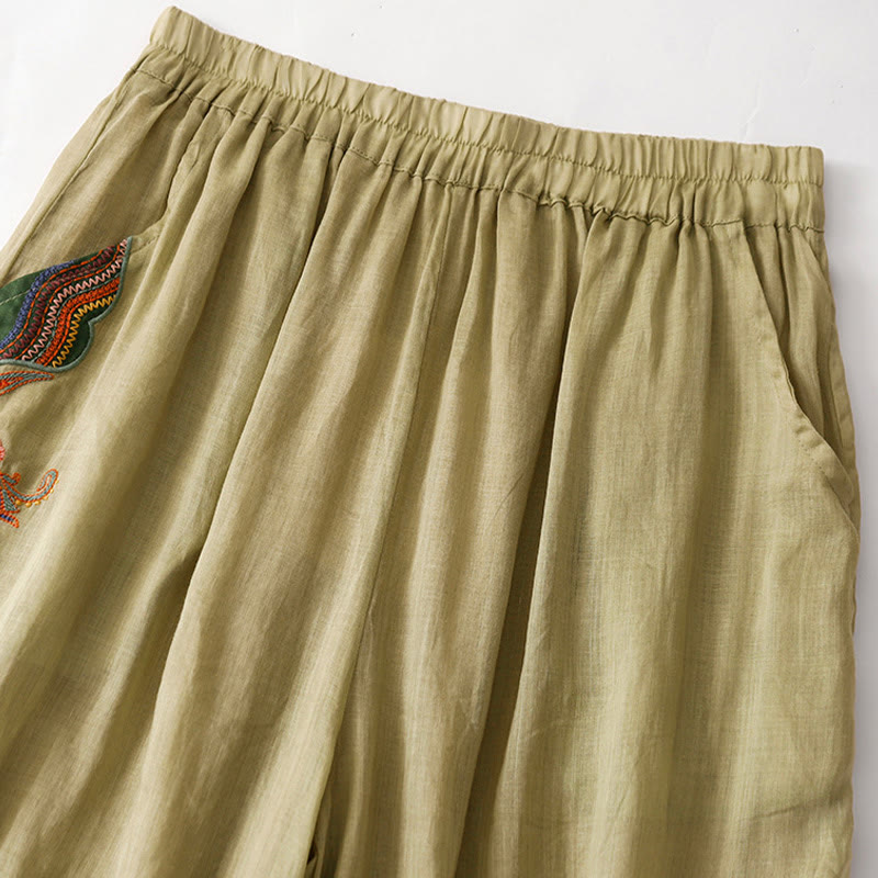 Buddha Stones夏用刺繍入りダブルレイヤーコットンリネンレディースワイドレッグパンツ（ポケット付き） - image 1
