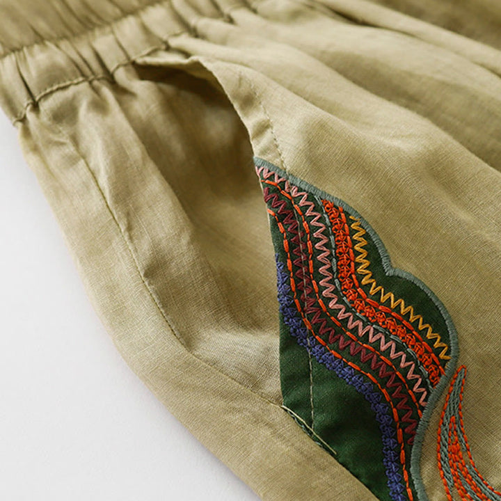 Buddha Stones夏用刺繍入りダブルレイヤーコットンリネンレディースワイドレッグパンツ（ポケット付き） - image 2