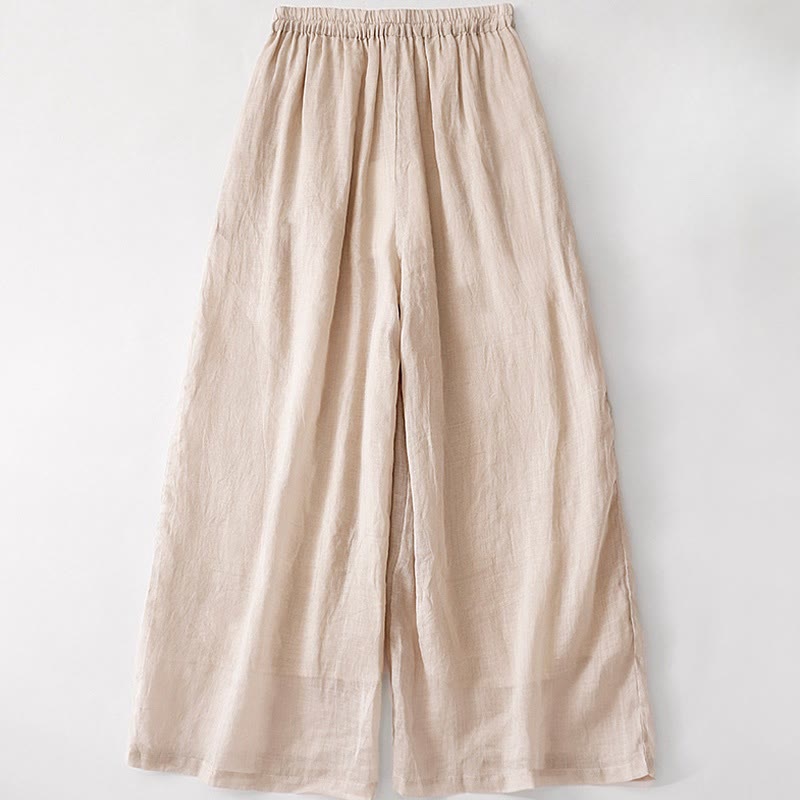 Buddha Stones夏用刺繍入りダブルレイヤーコットンリネンレディースワイドレッグパンツ（ポケット付き） - image 17