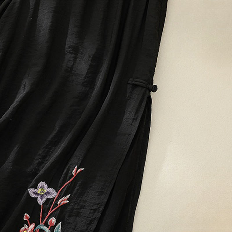 Buddha Stonesの芸術的な刺繍の花と二重層の中国のカエルのボタンのスプリットコットンリネンのレディースワイドレッグパンツ - image 17