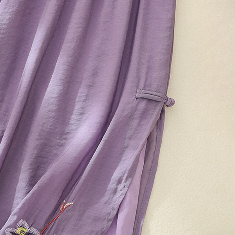 Buddha Stonesの芸術的な刺繍の花と二重層の中国のカエルのボタンのスプリットコットンリネンのレディースワイドレッグパンツ - image 13