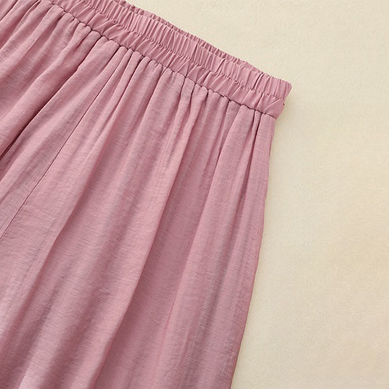 Buddha Stonesの芸術的な刺繍の花と二重層の中国のカエルのボタンのスプリットコットンリネンのレディースワイドレッグパンツ - image 1