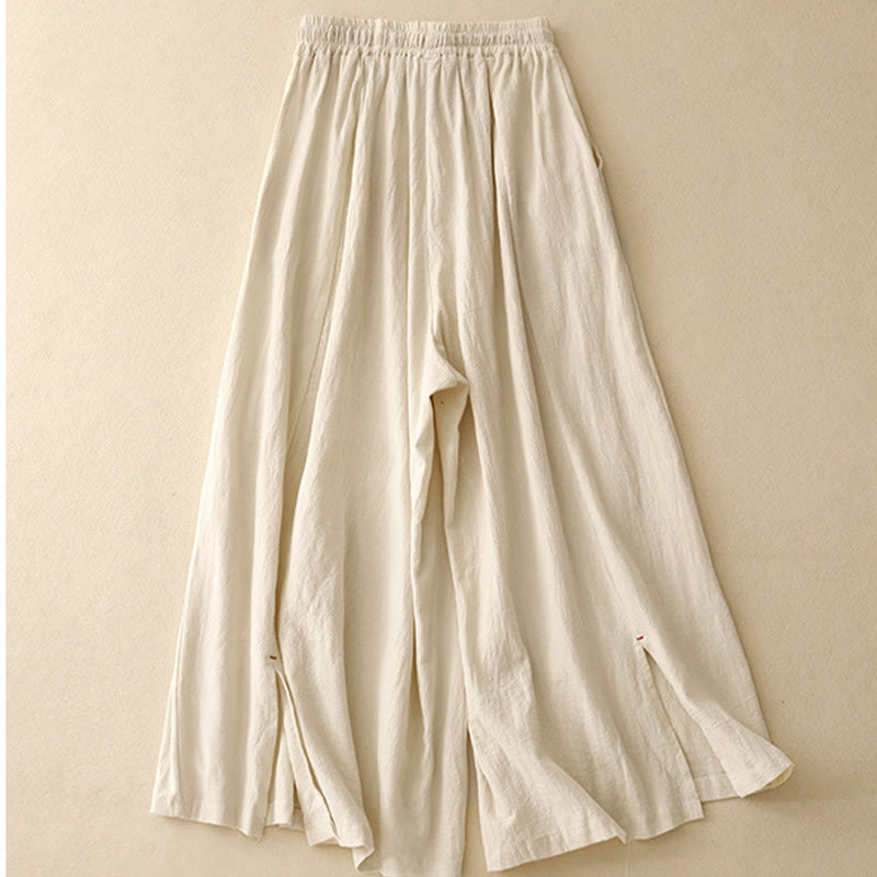 Buddha Stonesカジュアル シンプルデザイン ドローストリング スプリットコットンリネン レディース ワイドレッグパンツ ポケット付き - image 6