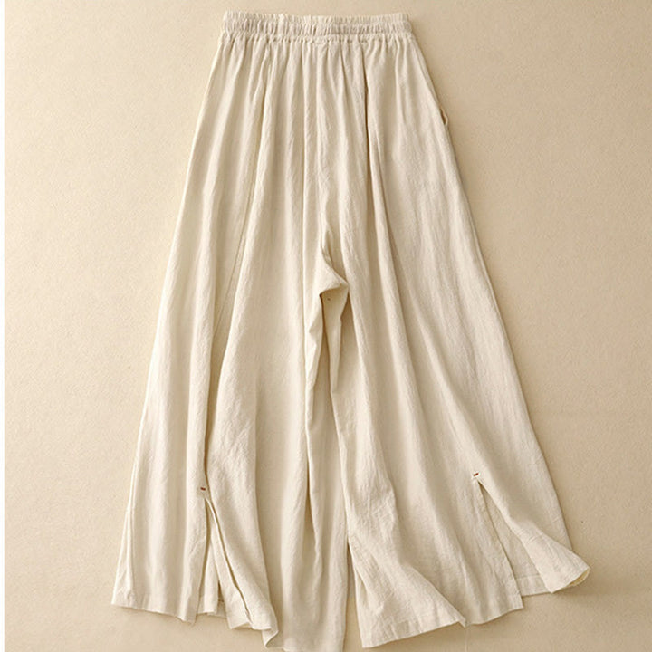 Buddha Stonesカジュアル シンプルデザイン ドローストリング スプリットコットンリネン レディース ワイドレッグパンツ ポケット付き - image 6