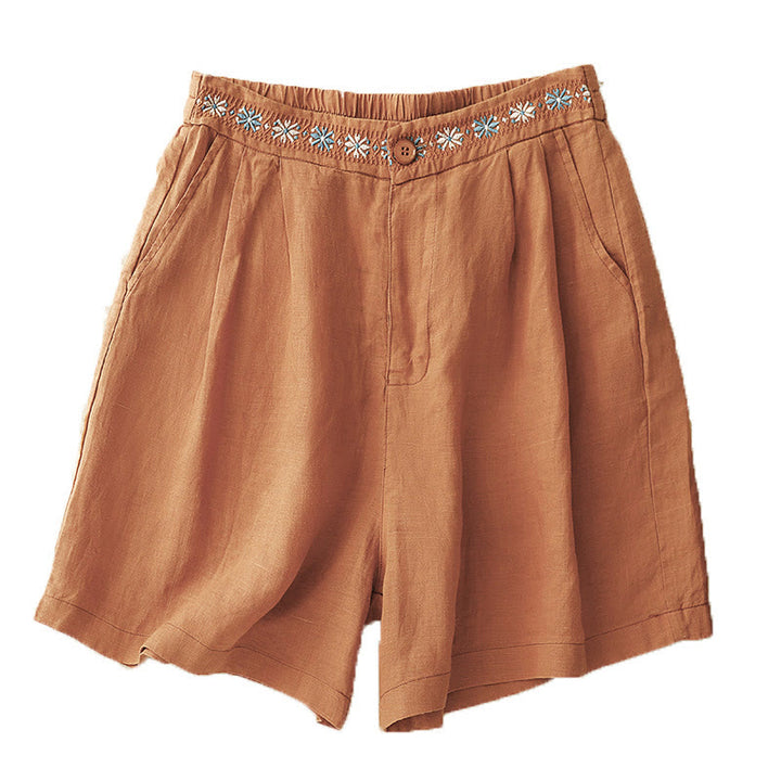 Buddha Stones夏 カジュアル 刺繍 花柄 プリーツ ジッパーボタン コットンリネン レディース ショートパンツ ポケット付き - image 16