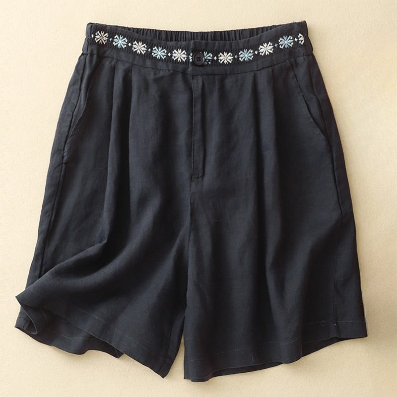 Buddha Stones夏 カジュアル 刺繍 花柄 プリーツ ジッパーボタン コットンリネン レディース ショートパンツ ポケット付き - 黒 - US8-10，UK/AU12-14，EU40-42 (2XL) - image 17