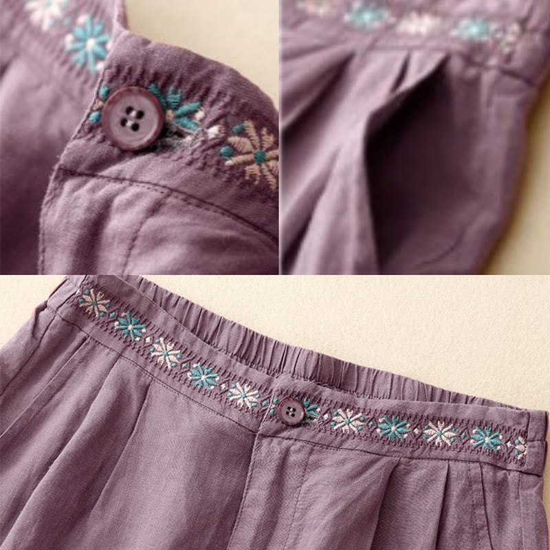 Buddha Stones夏用 カジュアル 刺繍 花柄 プリーツ ジッパー ボタン付き ポリエステル レディース ショートパンツ ポケット付き - image 11