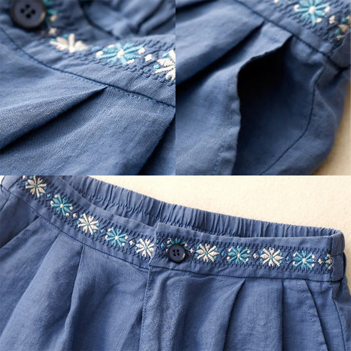 Buddha Stones夏 カジュアル 刺繍 花柄 プリーツ ジッパーボタン コットンリネン レディース ショートパンツ ポケット付き - image 3
