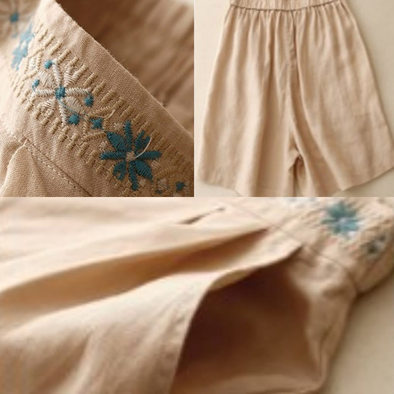 Buddha Stones夏用 カジュアル 刺繍 花柄 プリーツ ジッパー ボタン付き ポリエステル レディース ショートパンツ ポケット付き - image 25
