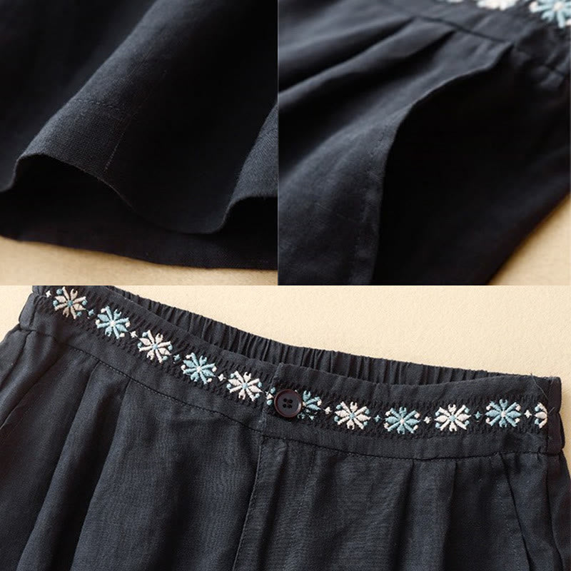 Buddha Stones夏用 カジュアル 刺繍 花柄 プリーツ ジッパー ボタン付き ポリエステル レディース ショートパンツ ポケット付き - image 20