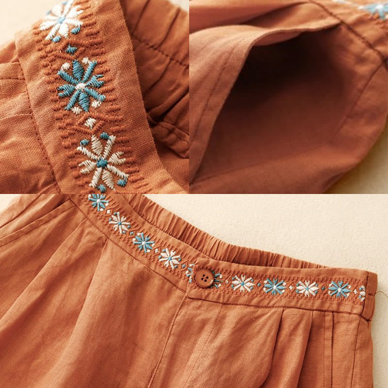 Buddha Stones夏用 カジュアル 刺繍 花柄 プリーツ ジッパー ボタン付き ポリエステル レディース ショートパンツ ポケット付き - image 15