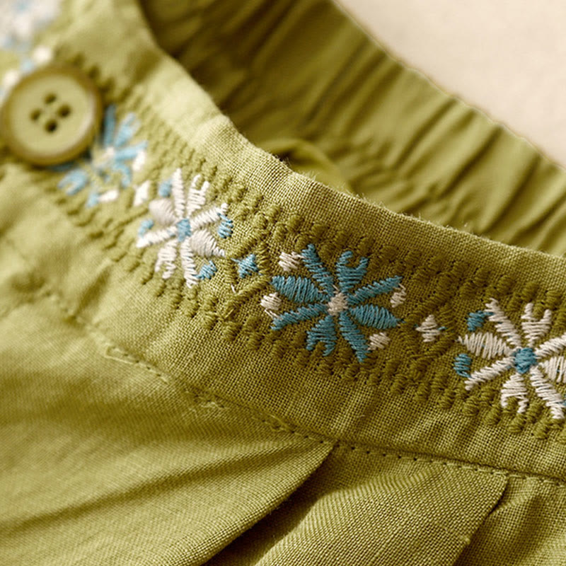 Buddha Stones夏用 カジュアル 刺繍 花柄 プリーツ ジッパー ボタン付き ポリエステル レディース ショートパンツ ポケット付き - image 5
