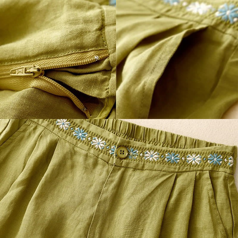 Buddha Stones夏用 カジュアル 刺繍 花柄 プリーツ ジッパー ボタン付き ポリエステル レディース ショートパンツ ポケット付き - image 7