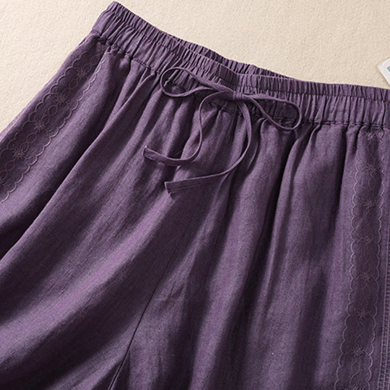 Buddha Stonesカジュアル 花柄 刺繍 ドローストリング コットンリネン レディース ショートパンツ ポケット付き - image 2