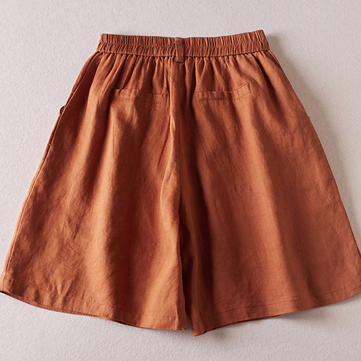 Buddha Stones夏 デイリー シンプル シワ加工 コットンリネン レディース ショートパンツ ポケット付き - image 1