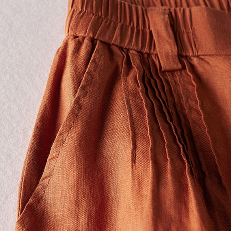 Buddha Stones夏 デイリー シンプル シワ加工 コットンリネン レディース ショートパンツ ポケット付き - image 4
