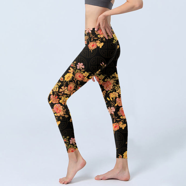 Buddha Stones、黄色、ピンクの花、緑の葉のプリントジムフィットネスレギンスレディースヨガパンツ - image 3