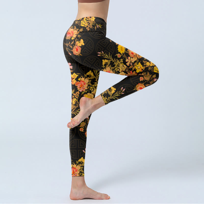 Buddha Stones、黄色、ピンクの花、緑の葉のプリントジムフィットネスレギンスレディースヨガパンツ - image 4