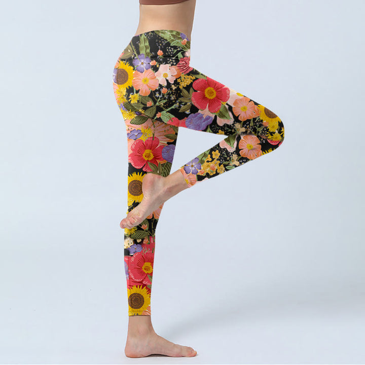 Buddha Stones、ひまわり、ピンク、紫の花柄プリント、スポーツフィットネスレギンス、レディースヨガパンツ - image 4