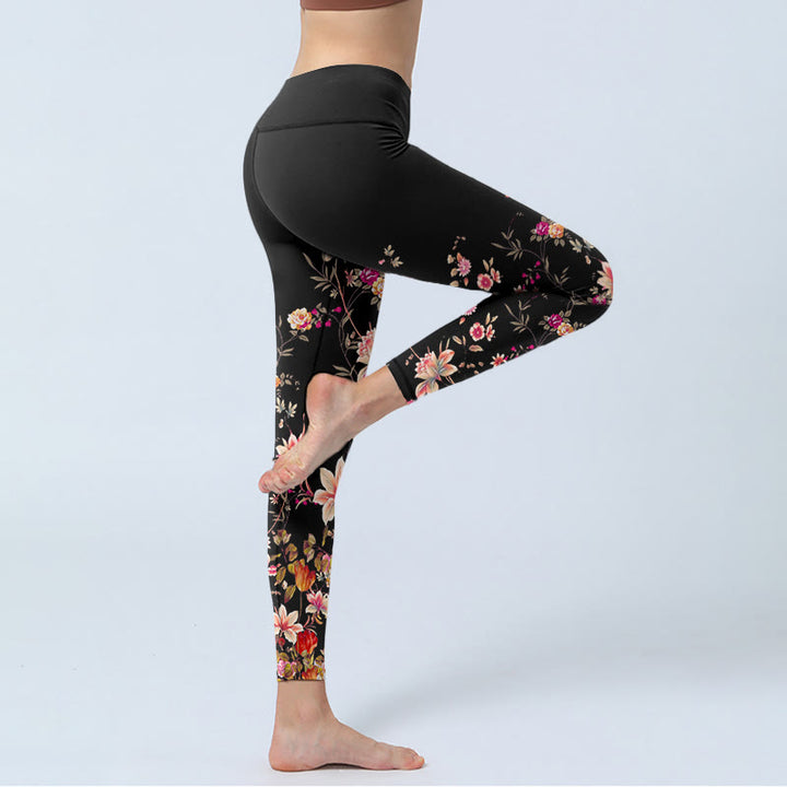 Buddha Stones、ピンクのバラ、ベージュの花柄プリント、ジムフィットネスレギンス、レディースヨガパンツ - image 3