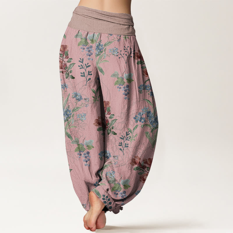 Buddha Stones、赤、青の花、緑の葉のデザイン、レディース 伸縮性ウエスト ハーレムパンツ - image 1