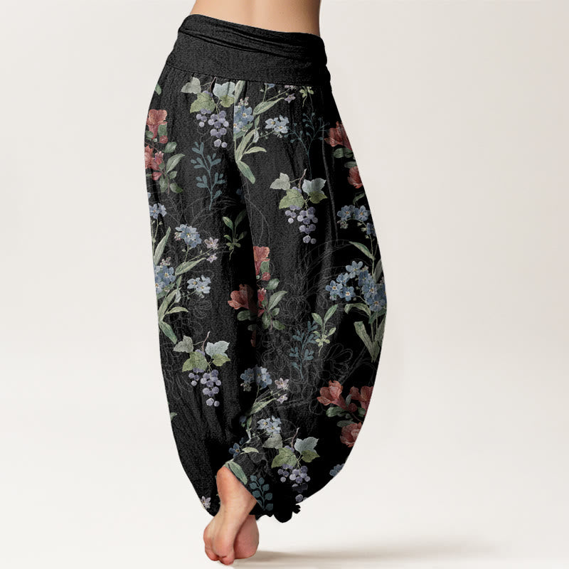 Buddha Stones、赤、青の花、緑の葉のデザイン、レディース 伸縮性ウエスト ハーレムパンツ - image 6