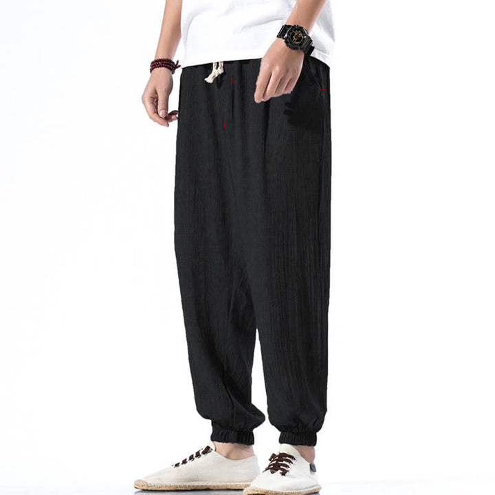 Buddha Stonesカジュアル 無地 ドローストリング リネン メンズ パンツ ポケット付き - 黒 - US/UK/AU46、 EU56 (5XL) - image 9