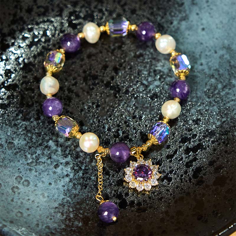 Buddha Stones天然アメジストパールひまわりコミュニケーションブレスレット
