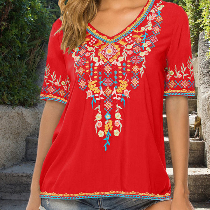 Buddha Stones刺繍花柄デザイン半袖VネックレディースTシャツ - 赤 - US12、 UK/AU16、 EU44 (3XL) - image 6