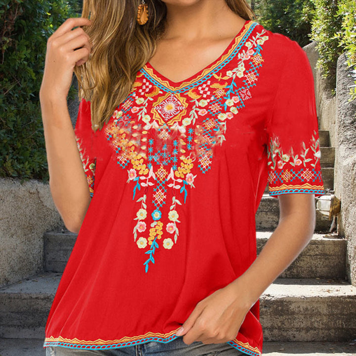 Buddha Stones刺繍花柄デザイン半袖VネックレディースTシャツ - image 9