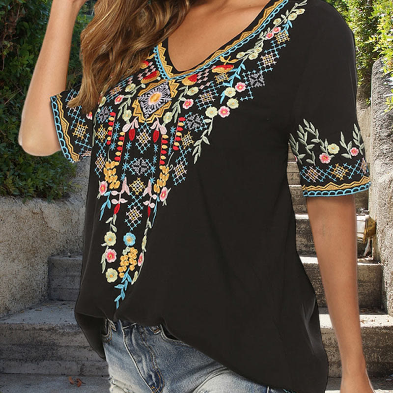 Buddha Stones刺繍花柄デザイン半袖VネックレディースTシャツ - image 12
