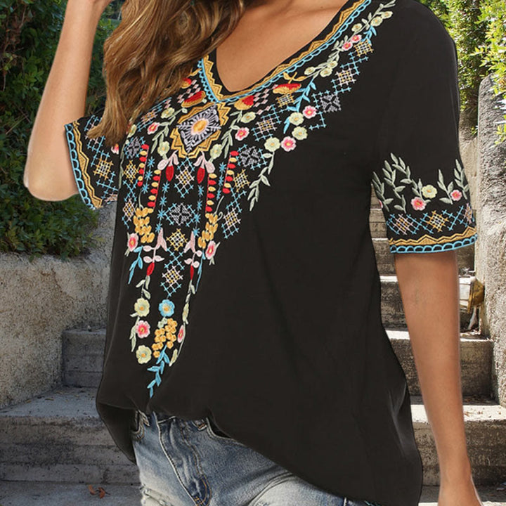 Buddha Stones刺繍花柄デザイン半袖VネックレディースTシャツ - image 12