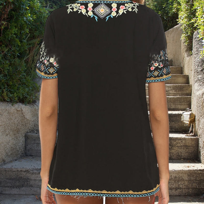 Buddha Stones刺繍花柄デザイン半袖VネックレディースTシャツ - image 15
