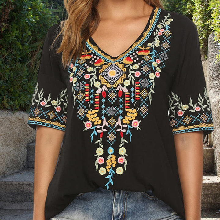 Buddha Stones刺繍花柄デザイン半袖VネックレディースTシャツ - 黒 - US12、 UK/AU16、 EU44 (3XL) - image 11