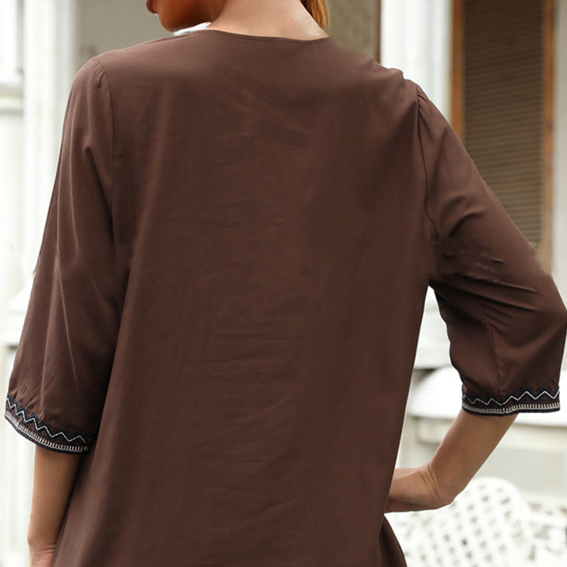 Buddha Stones春 カジュアル 無地 刺繍 花柄デザイン 七分袖 Vネック コットン レディース Tシャツ