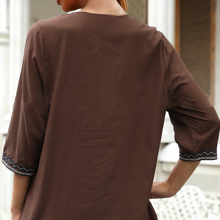 Buddha Stones春 カジュアル 無地 刺繍 花柄デザイン 七分袖 Vネック コットン レディース Tシャツ