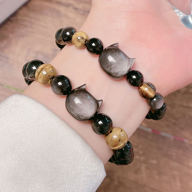 Buddha Stones天然銀光沢黒曜石ビーズ かわいい猫の癒しブレスレット - image 9