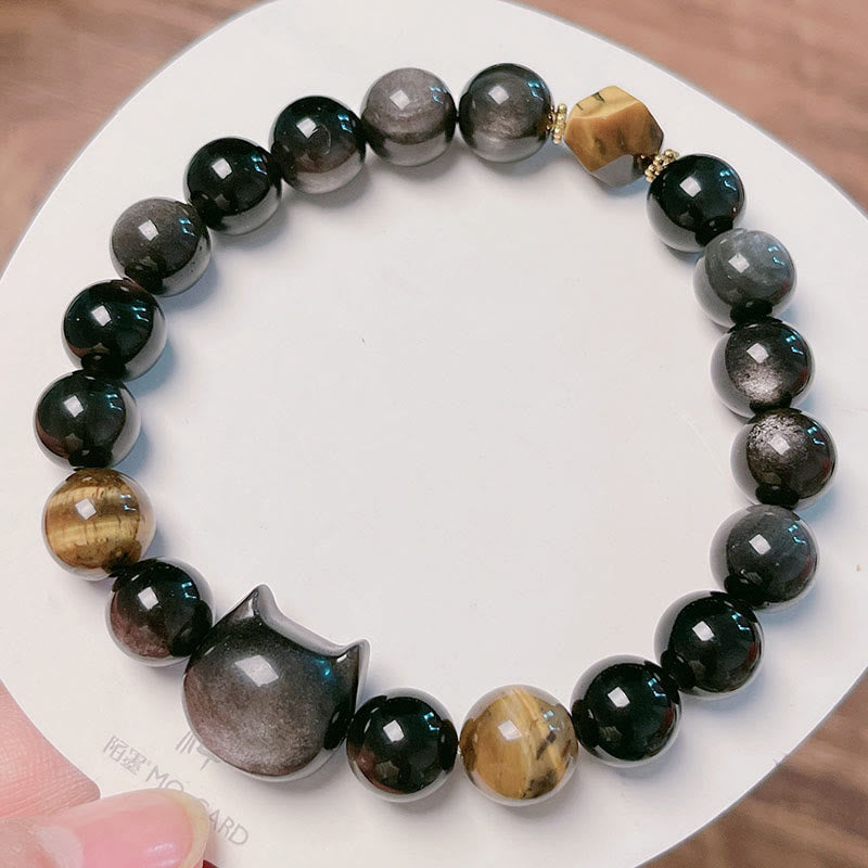 Buddha Stones天然銀光沢黒曜石ビーズ かわいい猫の癒しブレスレット - image 11