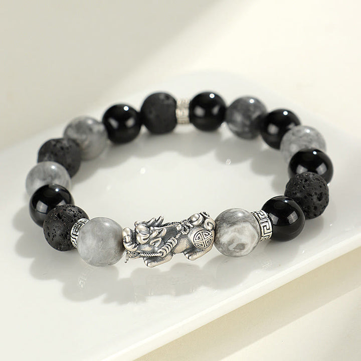 Buddha Stones 999スターリングシルバー PiXiu ブラックオニキス グレージャスパー 溶岩石守護ブレスレット