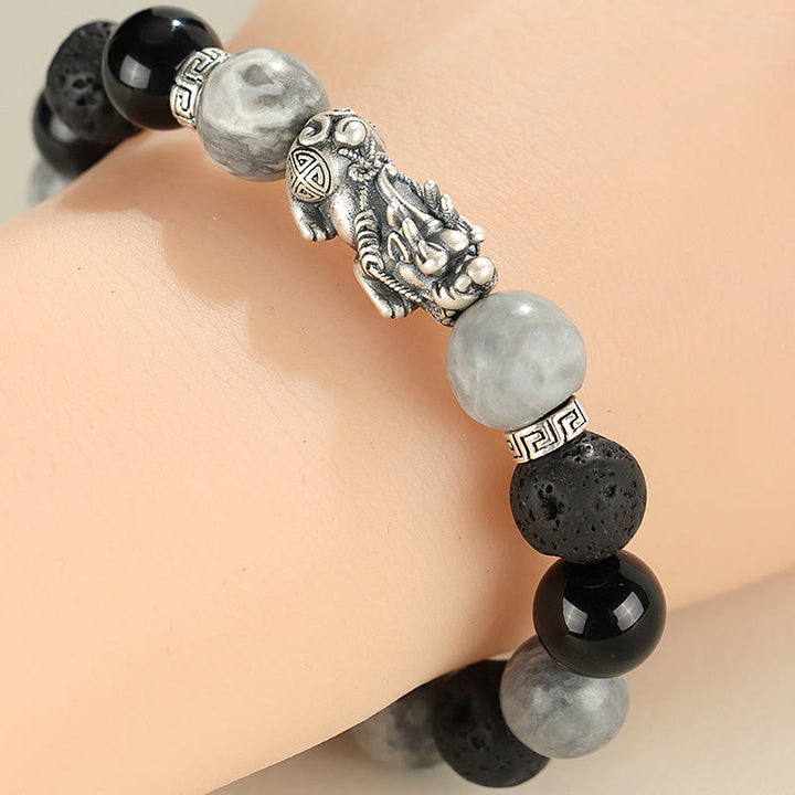 Buddha Stones 999スターリングシルバー PiXiu ブラックオニキス グレージャスパー 溶岩石守護ブレスレット