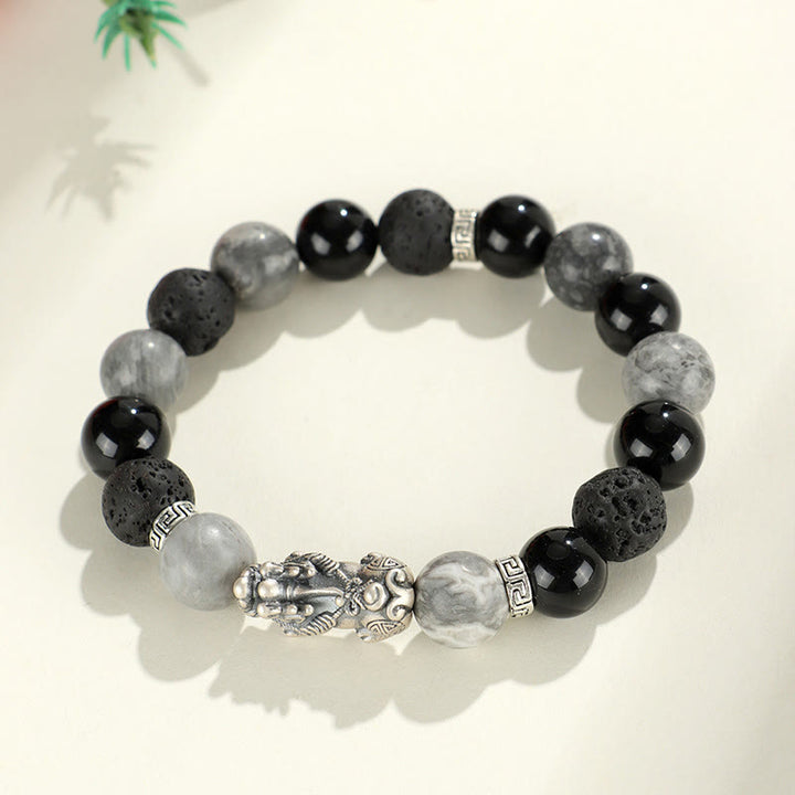 Buddha Stones 999スターリングシルバー PiXiu ブラックオニキス グレージャスパー 溶岩石守護ブレスレット - image 11