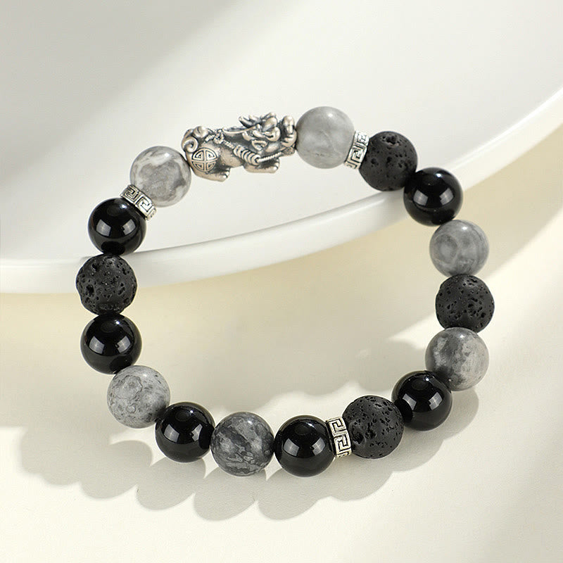 Buddha Stones 999スターリングシルバー PiXiu ブラックオニキス グレージャスパー 溶岩石守護ブレスレット - image 2