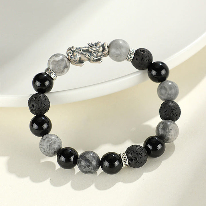 Buddha Stones 999スターリングシルバー PiXiu ブラックオニキス グレージャスパー 溶岩石守護ブレスレット - image 2