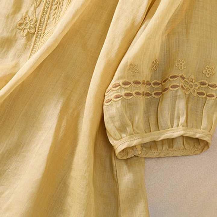 Buddha Stonesアーティスティック 無地 花柄 刺繍デザイン クルーネック パフ 半袖 コットン リネン レディース Tシャツ - image 17