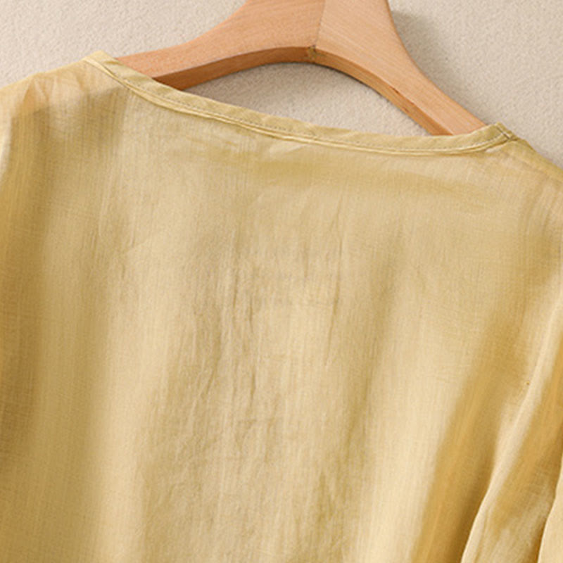 Buddha Stonesアーティスティック 無地 花柄 刺繍デザイン クルーネック パフ 半袖 コットン リネン レディース Tシャツ - image 16