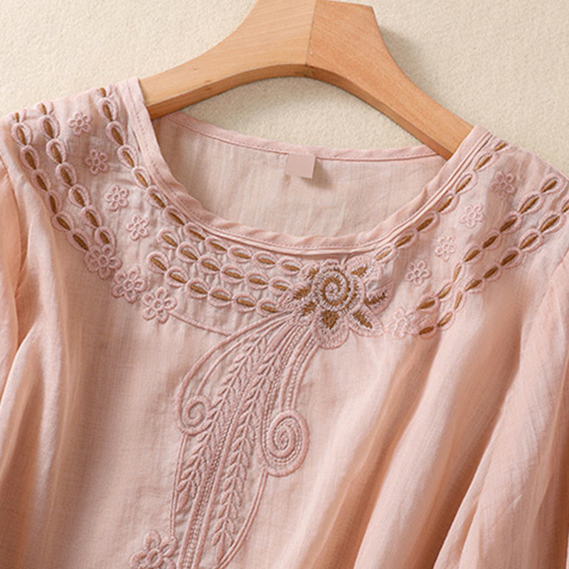 Buddha Stonesアーティスティック 無地 花柄 刺繍デザイン クルーネック パフ 半袖 コットン リネン レディース Tシャツ - image 7